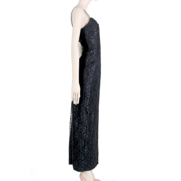 7/8 Vintage 00s LA GLO Black Lace Slinky Leg Slit Cocktail Maxi Dress 90s Y2K - Picture 3 of 8